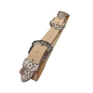 VTG Beige floral double buckle silver plated stretch wms belt SKU 9915